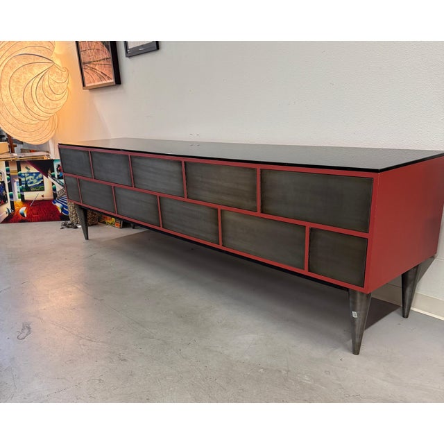1990s Custom 11 Drawer Credenza in Red with Brushed Steel Doors and Black Glass Top For Sale - Image 13 of 17