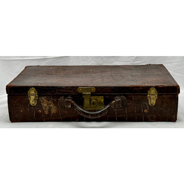 Antique Early 20th Century Crocodile - Alligator Style Embossed Leather Suitcase With Brass Hardware For Sale - Image 16 of 18