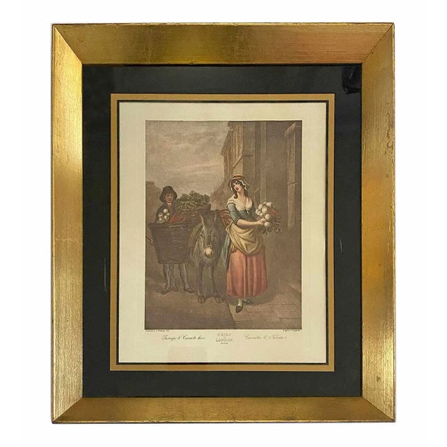 Vintage framed prints from the "Cries of London" series by Francis Wheatley feature ebonized and gold-leaf wood frames.