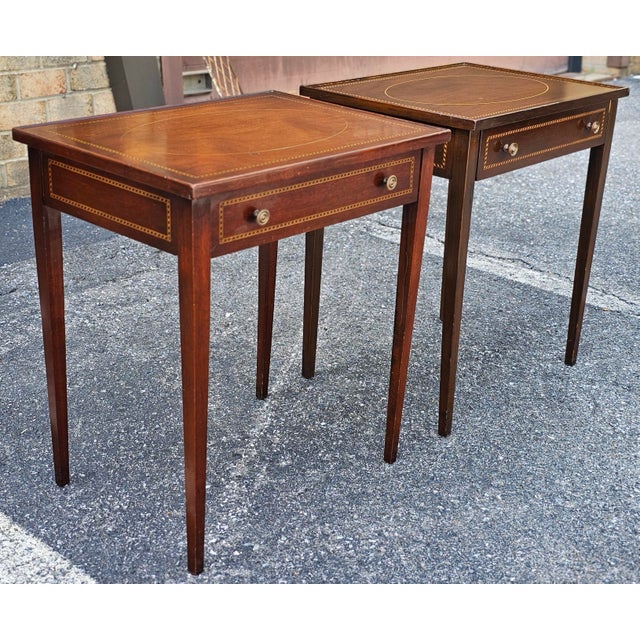 Brown Pair of Federal Style Inlaid Mahogany Single Drawer Side Tables, Circa 1900s For Sale - Image 8 of 18