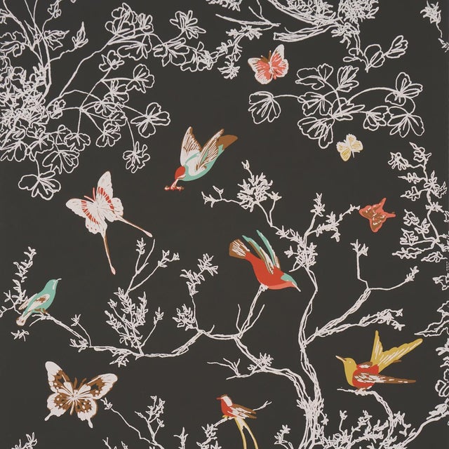 Schumacher Birds & Butterflies Wallcovering In Graphite For Sale In New York - Image 6 of 6