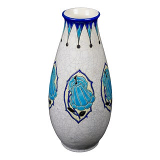 Art Deco Vase in Glazed Crackled Earthenware with Blue Flowers by Maurice Dufrene for Keramis, La Louviere, Belgium, 1920s For Sale