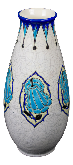Art Deco Vase in Glazed Crackled Earthenware with Blue Flowers by Maurice Dufrene for Keramis, La Louviere, Belgium, 1920s