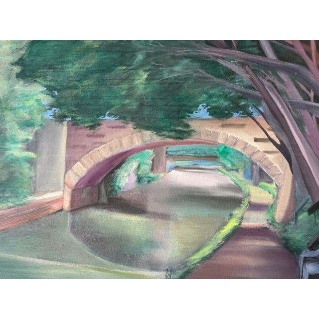 1980s 1980’s Eric Lewis Canal With Arched Bridge Oil on Canvas Painting, Framed For Sale - Image 5 of 11