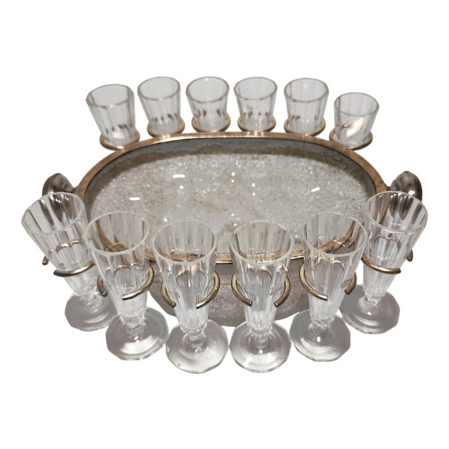 Vintage Spanish Glass Ice Bucket with Twelve Glasses, 1940s, Set of 13 For Sale