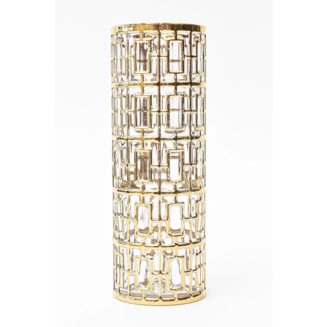 Vintage Imperial Glass 22 Carat Gold Plated Greek Key Overlay Over Vase or Martini Shaker 60's Signed For Sale - Image 11 of 13