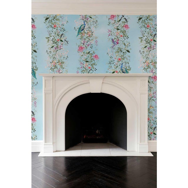Textile Mahjong Floral Stripe Grasscloth Wallpaper by House Party | Bam Blue | 8 Yards For Sale - Image 7 of 8