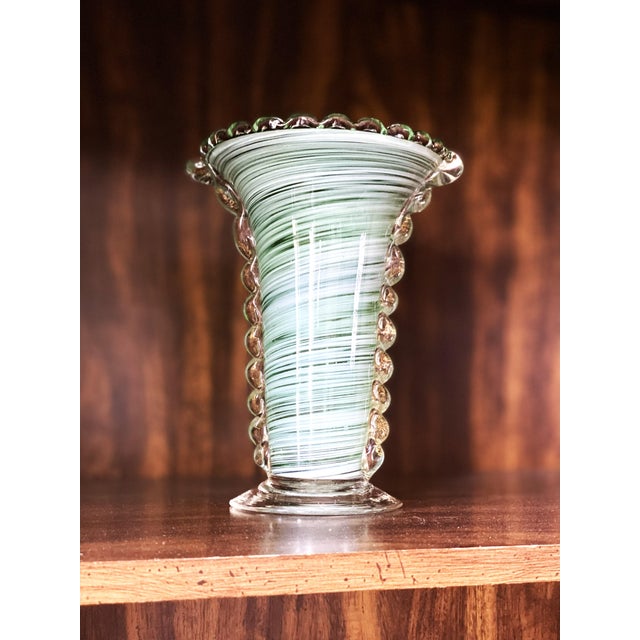 Vintage Murano Green Swirl Hand-Blown Glass Vase With Clear Rigaree Beading, Italy, C. 1980s For Sale - Image 13 of 14