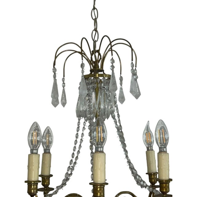 Pair of French Brass Chandeliers With Rock Crystal & Glass. Early 20th Century. For Sale In Los Angeles - Image 6 of 7