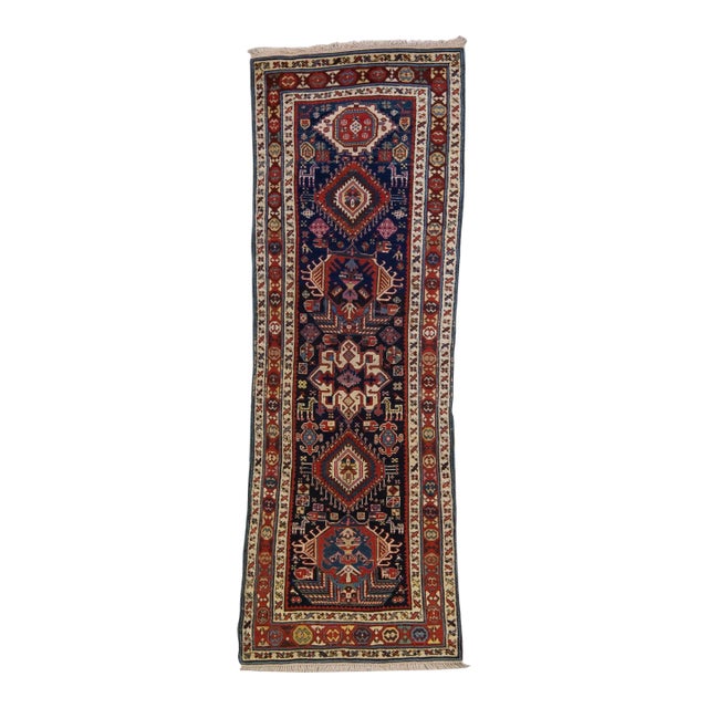 Blue Antique North West Persian Wool Runner With Tribal Motif For Sale