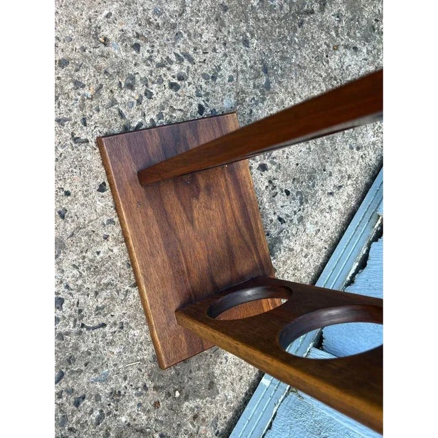 Tall Miid Century Modern 6 Bottle Solid Teak Wine Rack Unmarked but well made, sturdy and heavy Rick wood grain...