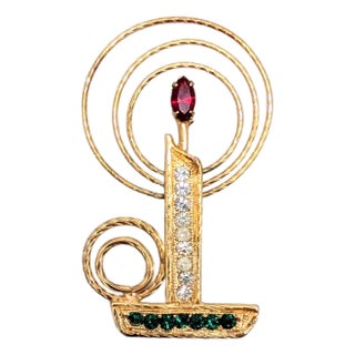 Vintage 1960s Signed Napier Goldtone Rhinestone Candle Brooch For Sale