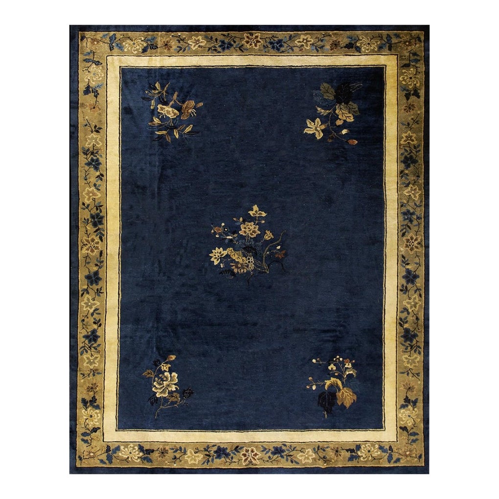 1920s Antique Chinese Peking Wool Rug Blue Rectangle Floral Design 9' X ...