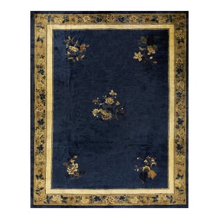 1920s Antique Chinese Peking Wool Rug Blue Rectangle Floral Design 9' X 11' 5" For Sale