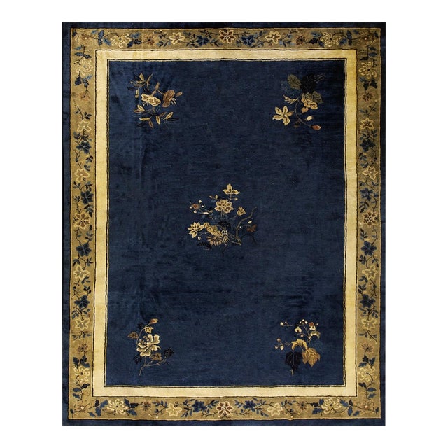 1920s Antique Chinese Peking Wool Rug Blue Rectangle Floral Design 9' X 11' 5" For Sale