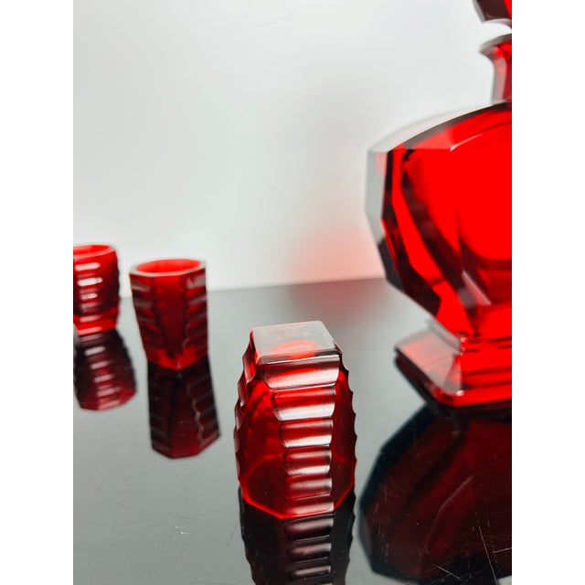 Glass Art Deco Ruby Red Glass Decanter with Six Shot Glasses from Moser, Czechoslovakia, 1930, Set of 7 For Sale - Image 7 of 12