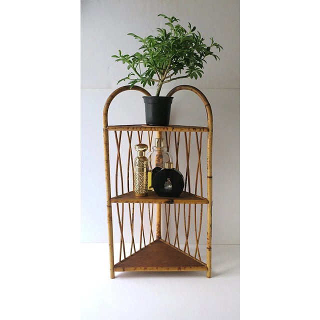 Wood Wicker Bamboo Corner Wall or Floor Shelf Étagère For Sale - Image 7 of 17