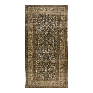 19th Century Antique Mahal Wool Rug With Charcoal Field & Olive Floral Motifs For Sale