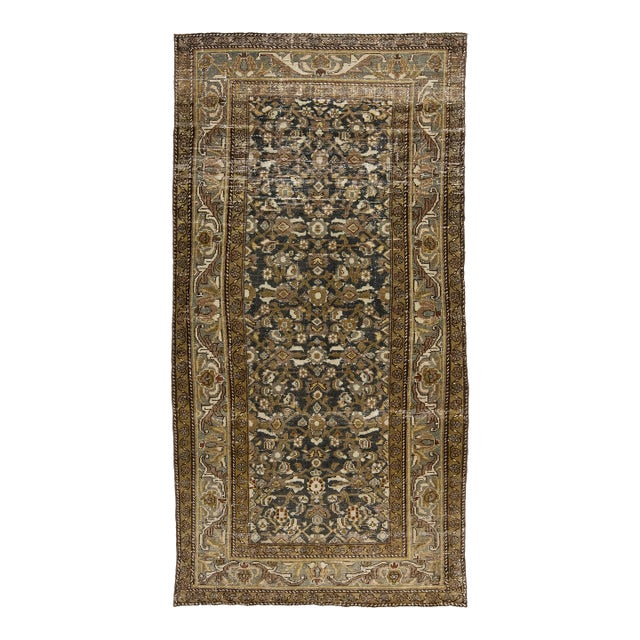 19th Century Antique Mahal Wool Rug With Charcoal Field & Olive Floral Motifs For Sale