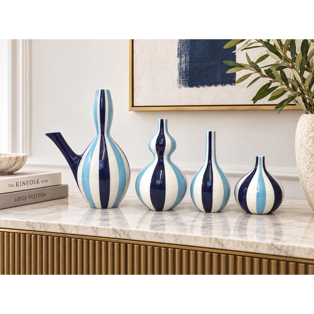 Late 20th Century Jonathan Adler Happy Chic Set of 4 Blue & White Striped Ceramic Vessels For Sale - Image 5 of 5