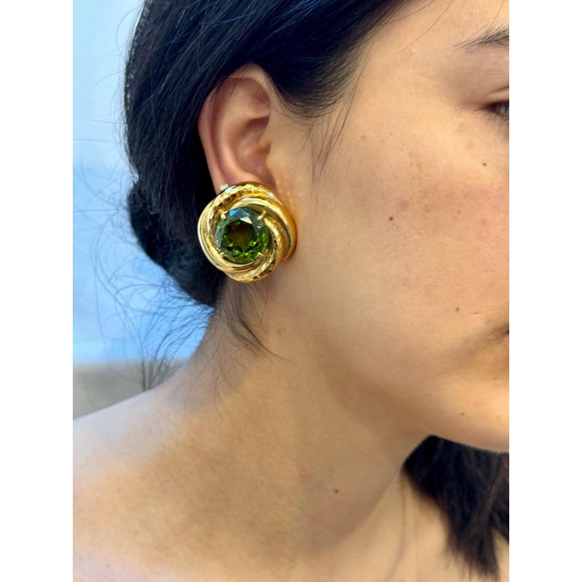 30Ct Natural Round Peridot Earrings by Andrew Clunn in 18 Kt Hammered Gold, Clip For Sale - Image 12 of 18