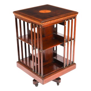 Antique 20th Century Edwardian Flame Mahogany & Inlaid Revolving Bookcase, 1890s For Sale