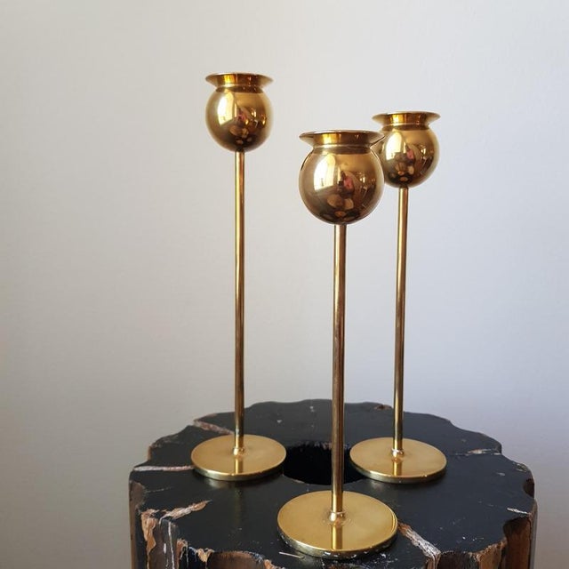 Metal Scandinavian Modern Tulip Candlesticks in Brass by Pierre Forssell for Skultuna, 1982, Set of 3 For Sale - Image 7 of 8