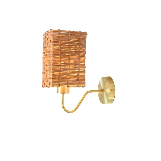 Rectangular Cane Rattan & Brass Wall Sconce For Sale - Image 10 of 10