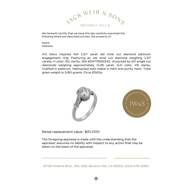 Metal 1920s Art Deco Inspired Gia 1.57 Carat Old Mine Cut Diamond Platinum Engagement Ring, Size 5.75 For Sale - Image 7 of 8