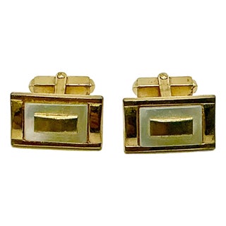1950s Mid-Century Hollywood Regency Boho Chic Gold Tone Faux Capiz Shell Cufflinks - A Pair. For Sale