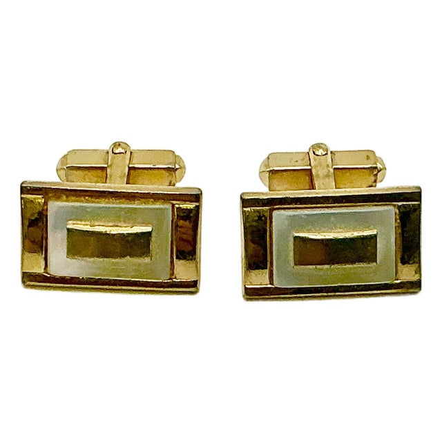 1950s Mid-Century Hollywood Regency Boho Chic Gold Tone Faux Capiz Shell Cufflinks - A Pair. For Sale