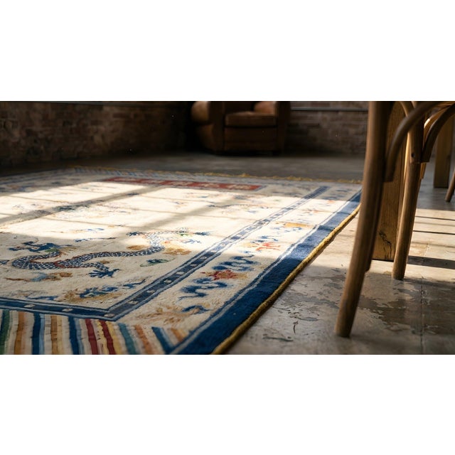 1920s Ivory Dragon Antique Chinese Silk & Metallic Threads Carpet 4'3" X 6'3" Handknotted Wool Rug For Sale - Image 17 of 17