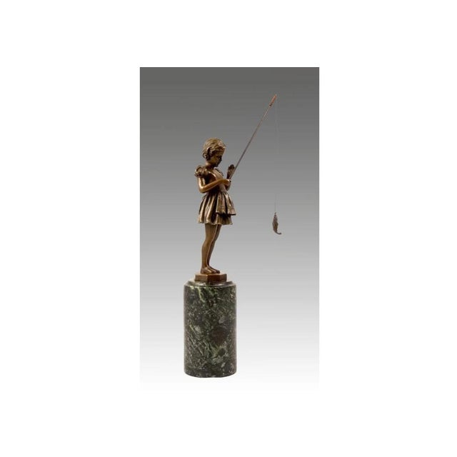 Art Deco Sculpture of Girl with Fishing Rod, 20th Century, Bronze For Sale - Image 4 of 7