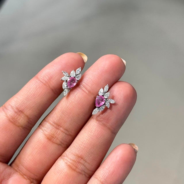Art Nouveau 14k Gold Natural Pink Sapphire & Diamond Artistic Cluster Stud Earrings- A Pair For Sale - Image 3 of 14