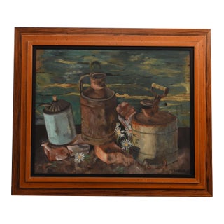 1970s Rustic Still Life With Milk Cans and Daisies" by L. Robinson, Oil on Board, Framed For Sale