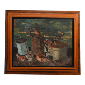 1970s Rustic Still Life With Milk Cans and Daisies" by L. Robinson, Oil on Board, Framed