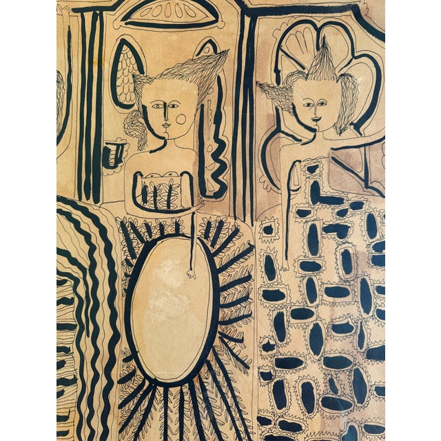 Leather Framed Drawing of Abstract Figures For Sale - Image 4 of 7