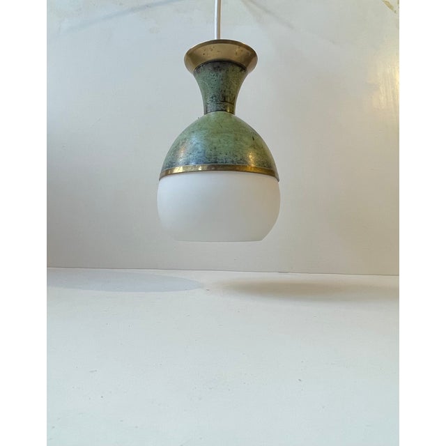 Art Deco Revival Pendant Lamp in Green Bronze and White Glass, 1970s For Sale - Image 6 of 12