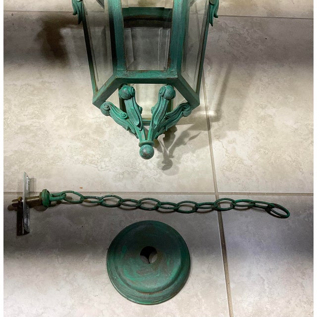 Vintage Neoclassical Verdigris Lantern – Greek Key Detail – Restored & Rewired For Sale - Image 15 of 15
