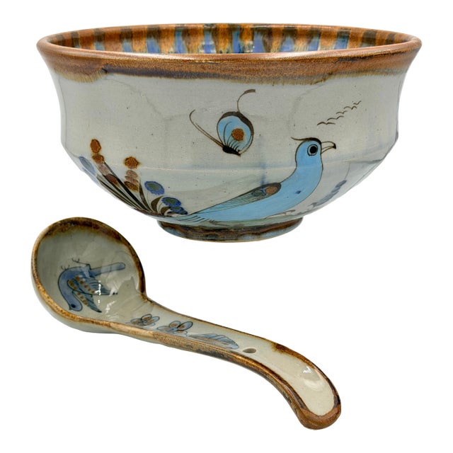 1950s Folk-Art Ken Edwards Palomar Tonala Pottery Hand Painted Punch Bowl W/Ladle For Sale