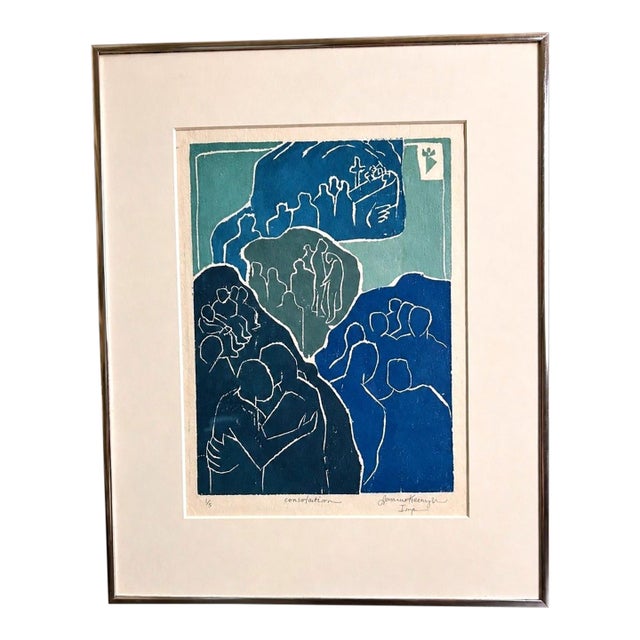 Signed Modernist Figurative Expressionist Relief Imp. Print in Blue & Green, Numbered 1/5 by Lorraine Kreimeyer For Sale