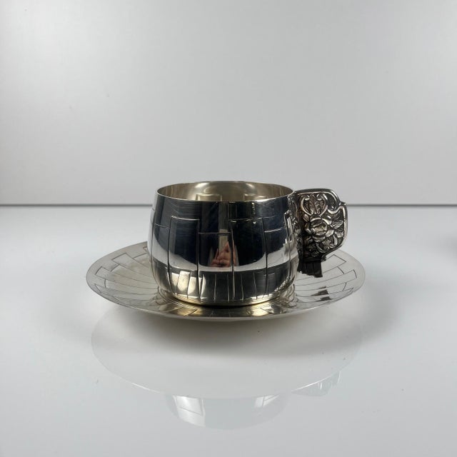 Metal Art Deco Silver-Plated Cups and Saucers from Corbière & Vuillermoz, France, 1920s, Set of 4 For Sale - Image 7 of 18