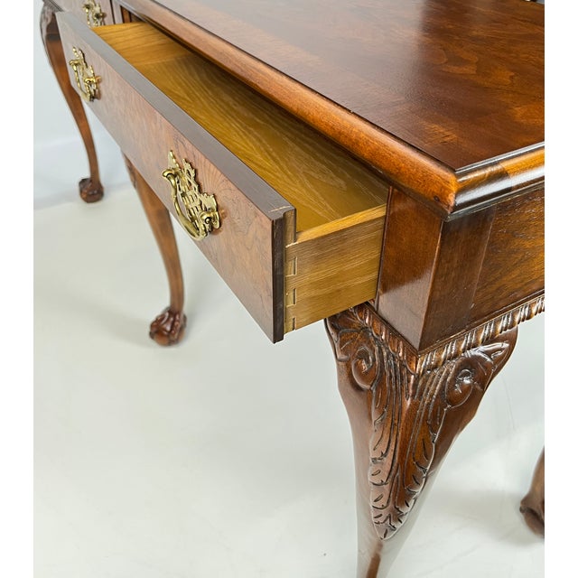 Vintage Baker Furniture Chippendale 5-Leg Burl Walnut & Mahogany Console Table For Sale - Image 13 of 16