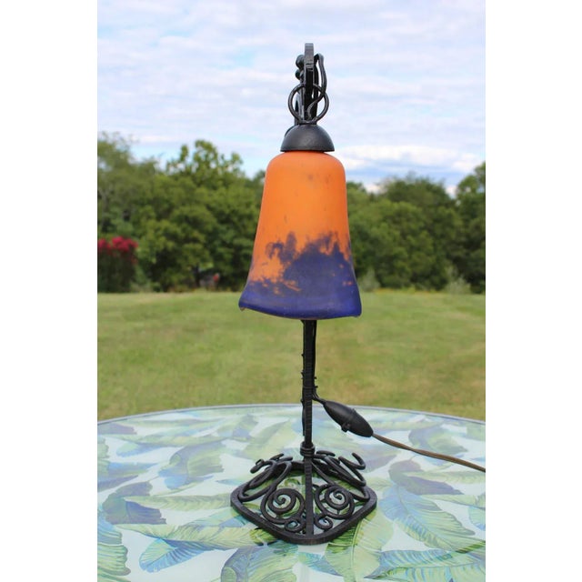Art Deco 1920s French Art Deco Wrought Iron Double Lamp With Glass Shades For Sale - Image 3 of 12