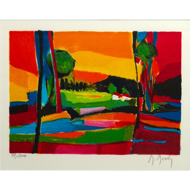 Marcel Mouly (French, 1918–2008), "Les Maisons dans la Vallée," original color lithograph on paper, pencil-signed lower...