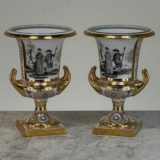 Gold Pair Antique Ritzenhoff & Breker Neoclassical Porcelain Mantel Vases For Sale - Image 8 of 18