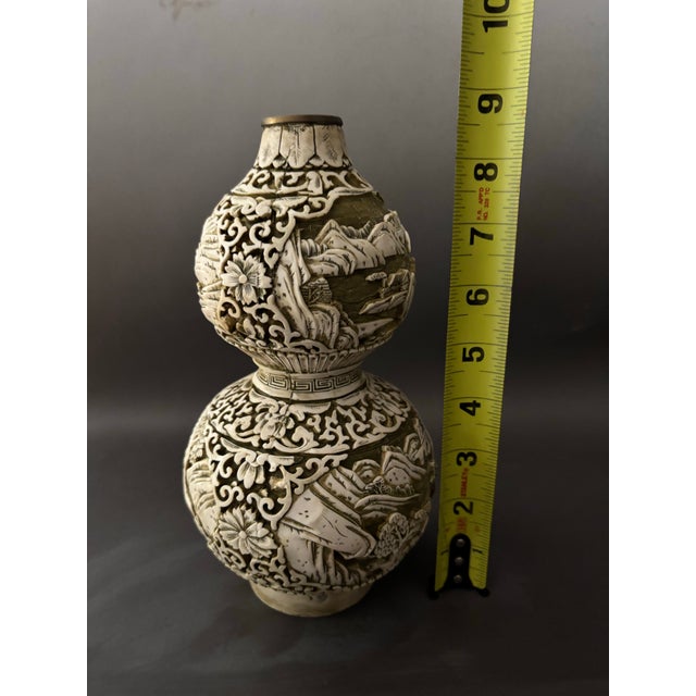 Plastic Vintage Chinese Style Carved White Cinnabar Resin Double Gourd Vase Faux Ivory For Sale - Image 7 of 8