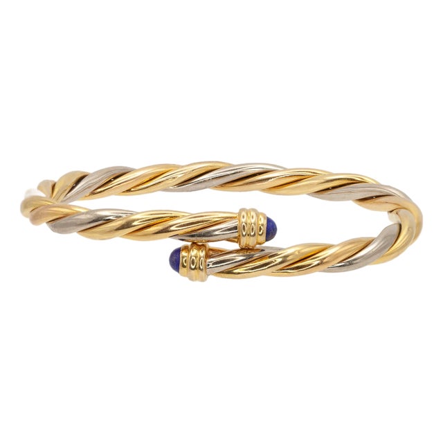 1990s Cartier 18k Gold Cabochon Lapis Lazuli Torque Bangle Bracelet For Sale