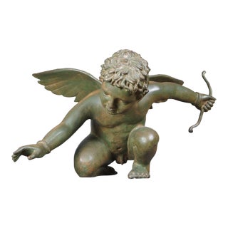 Louis XV Huge Classic Verdigris Nude Bronze Cherub / Putti Figuural Sculpture Signed by Listed Artist Nishan Toor For Sale