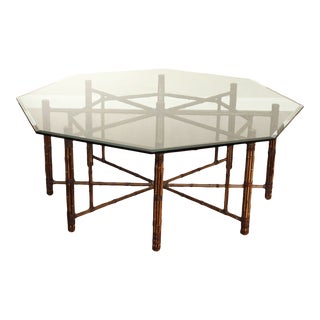 McGuire Octagonal Leather Strapped Bamboo And Glass Top Large Dining Table For Sale